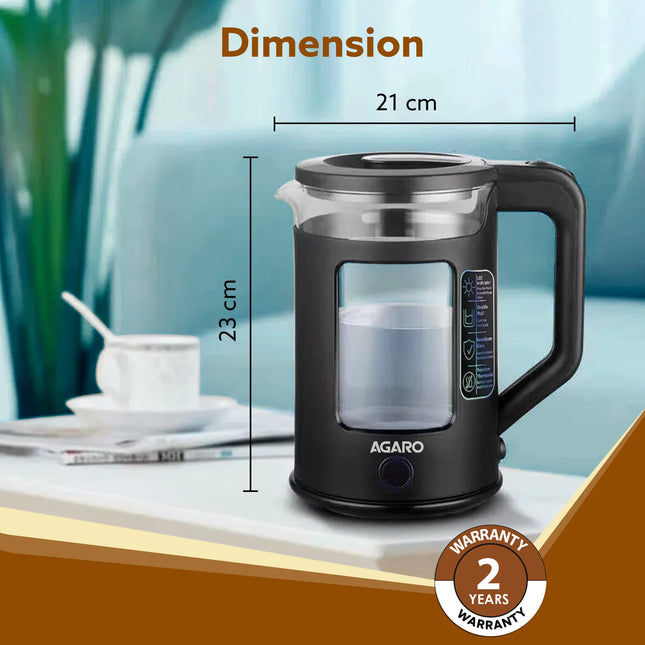 AGARO Galaxy Electric Kettle with Keep Warm Function, BPA Free PP Plastic & Glass body, Double Wall Design, Bicolor LED, 1.5L, Hot Water Kettle with Auto Shut-Off and Boil Dry Protection, Black