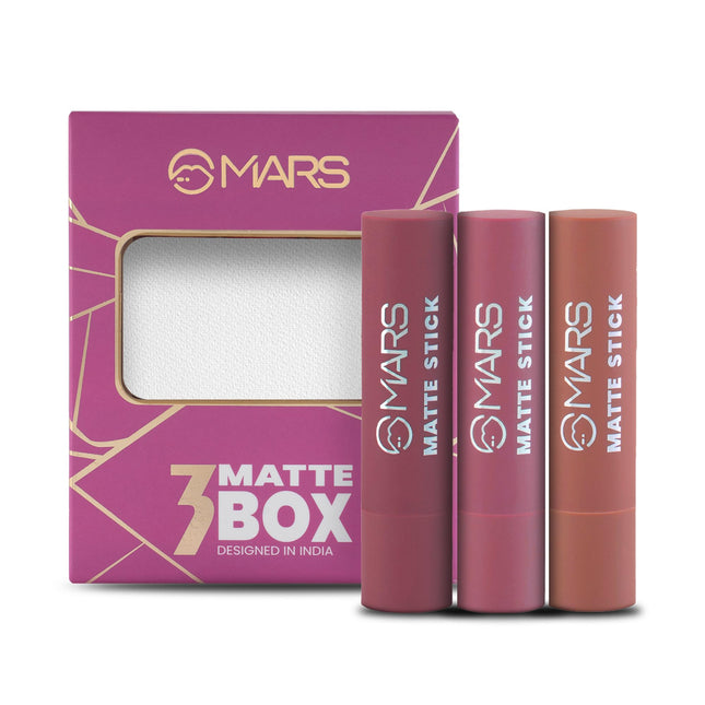 MARS Matte Box Set of 3 Lipsticks for Women | Long-Lasting | Smooth Finish | Moisturising | One Swipe Pigmentation (3x3.2 gm) (02-Peaches & Nudes)