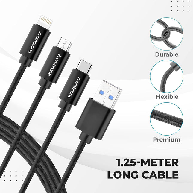 Ambrane Unbreakable 3 in 1 USB Fast Charging Cable with Type C, Lightning, Micro USB Port with 2.1 A, Compatible with iPhone, iPad, Samsung, OnePlus, Mi, Oppo, Vivo, Xiaomi, 1.25M (Trio-11, Black)