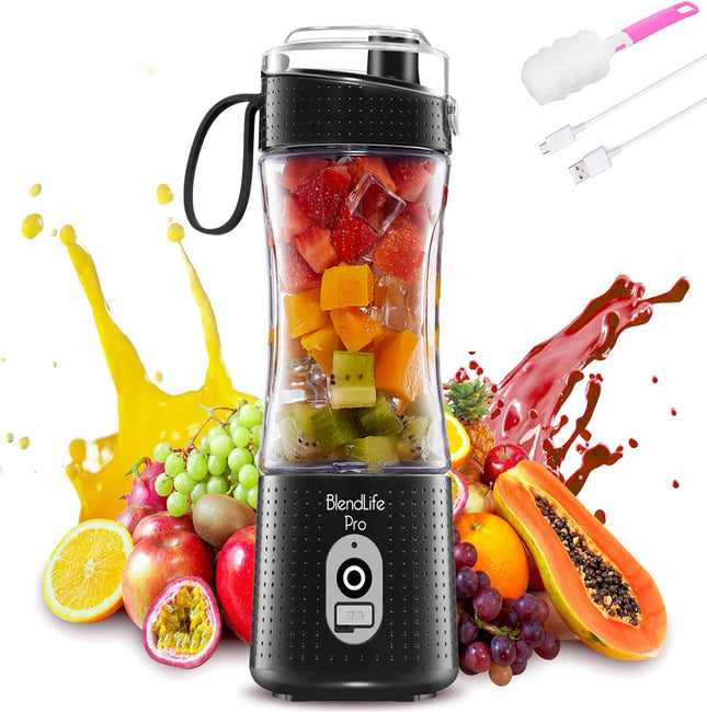 BlendLife Pro Portable Blender With Inbuilt Sipper & Carry Handle for Juices, Shakes, Smoothies, Baby Food, Crushes Hard Ingredients, 210W Motor, 4000mah USB Rechargeable Battery, 400ml - Black