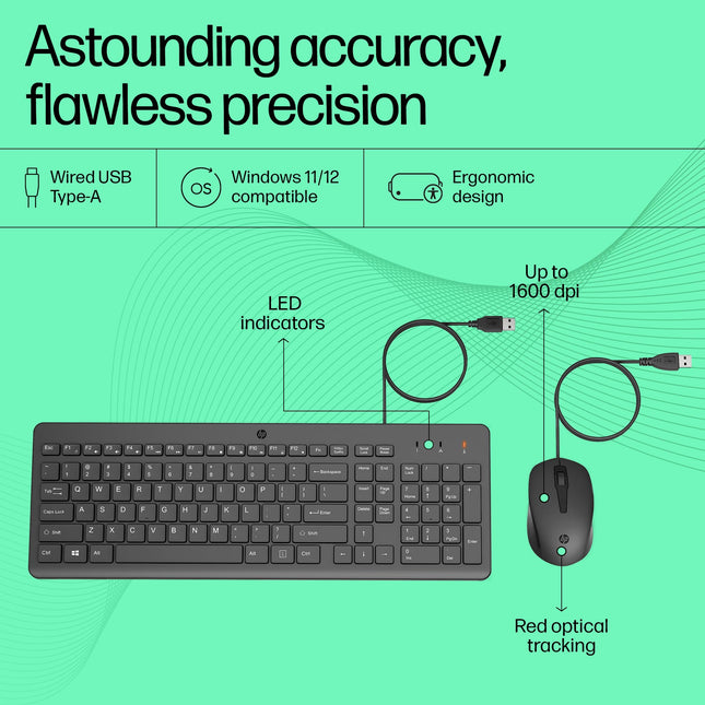 HP 150 Wired Keyboard and Mouse Combo with Instant USB Plug-and-Play Setup, 12 Shortcut Keys, 6° Adjustable Slope Keyboard and 1600 DPI Optical Sensor Mouse (3-Years Warranty, 240J7AA)