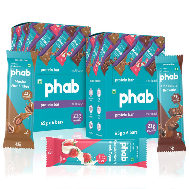 Phab Assorted Protein Bars (Chocolate, Mocha, Strawberry) 21g Protein, No Added Sugar | High Fibre, Trans Fat-Free & No Preservatives | Diabetic Friendly |Healthy & Tasty | GMO Free (Pack of 12 x 65g)