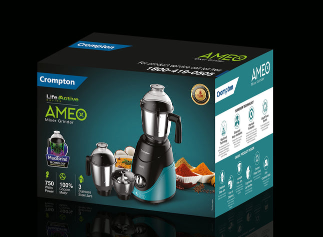 Crompton Ameo 750-Watt Mixer Grinder with MaxiGrind and Motor Vent-X Technology (3 Stainless Steel Jars and 1 Juicer Jar, Black & Green) (AMEO-4JARS)