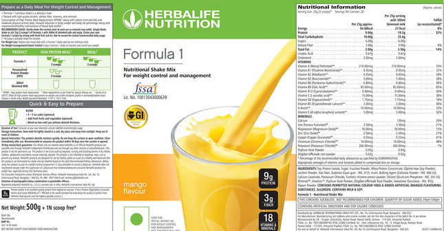 Herbalife Formula 1 Shake for Weight Loss - 500 g (Mango)