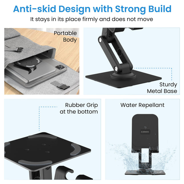 Ambrane 360° Rotation, Foldable Design Mobile Stand with Stable Metalic Round Base, Multiple Height & Angle adjustments Compatible with Smartphones, Tablets, Kindles & iPad (Twistand 360, Black)