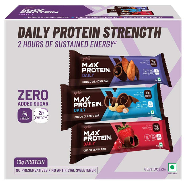 RiteBite Max Protein Daily Assorted Protein Bars with 10g Protein, 5g Fiber & 21 Vit. & Minerals | 0 Added Sugar, No Cholesterol & Trans Fat For Upto 2h of Energy, Healthy Snack, 50g (Pack of 6)