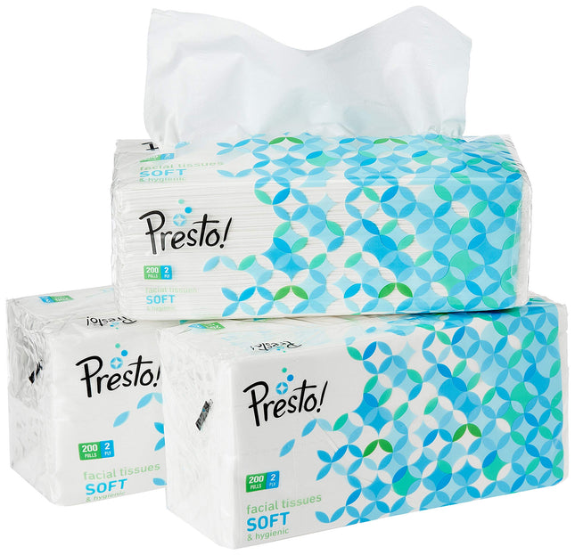 Amazon Brand - Presto! 2 Ply Facial Tissue Soft Poly Pack - 200 Pulls (Pack of 3)