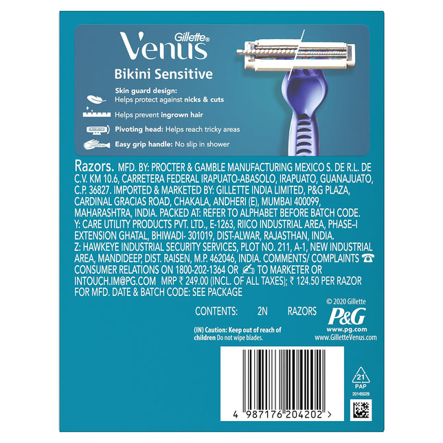 Gillette Venus Bikini Sensitive Hair Removal, 2 Women Razors |Intimate care| Derm Tested|No irritation